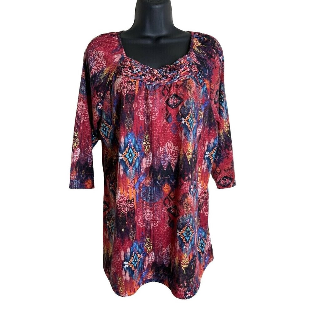 White Stag Top Womens Size L 3/4 Sleeve Pink Multi Colorful Shirt Blue Orange